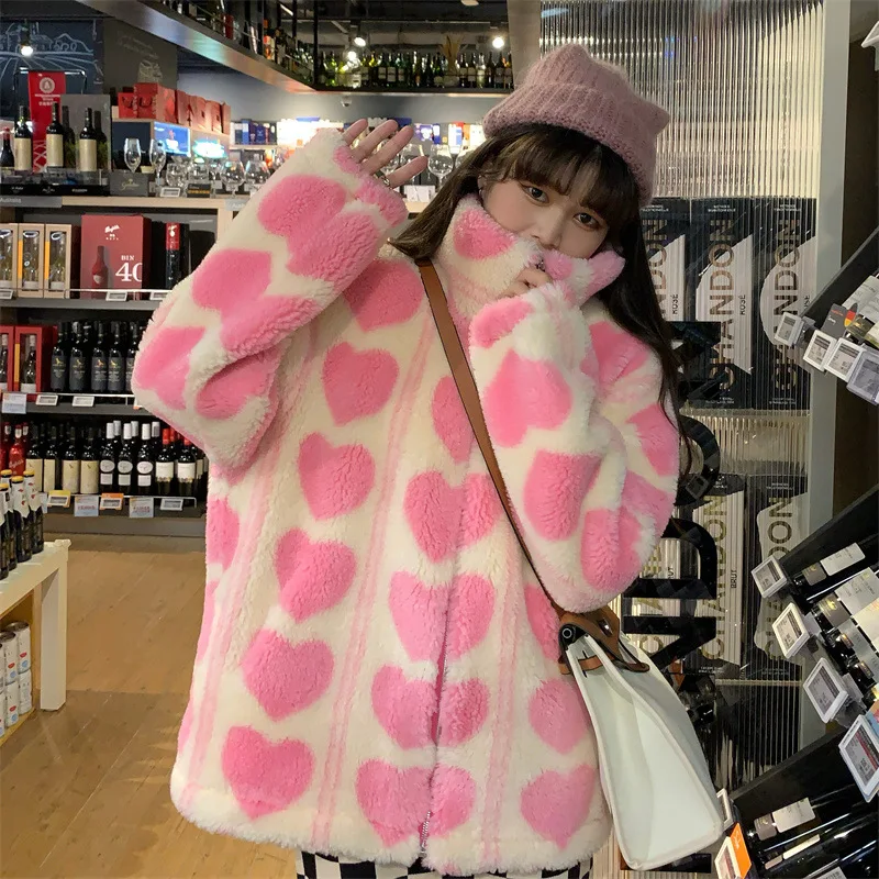 

Heart Print Women Flannel Fur Jacket Winter Warm Lamb Wool Zipper Fleeced Parka Harajuku Sherpa Streetwear Loose Hoodie Coat New