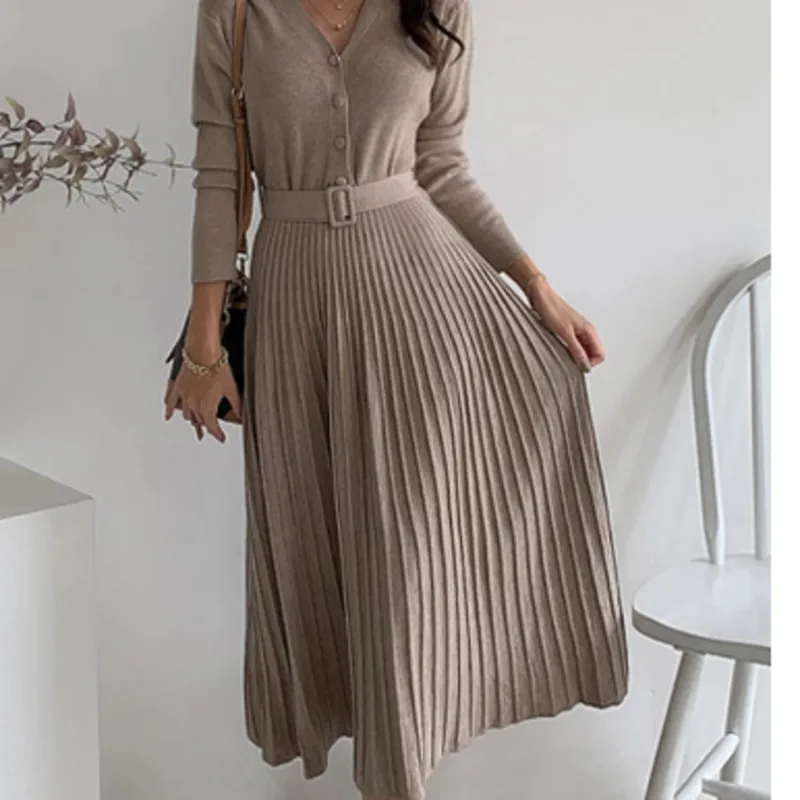 

Chic 2021 Winter Women Knitted Dresses New Stylish V Neck Buttons Thicken Warm Belted Sweater Dress