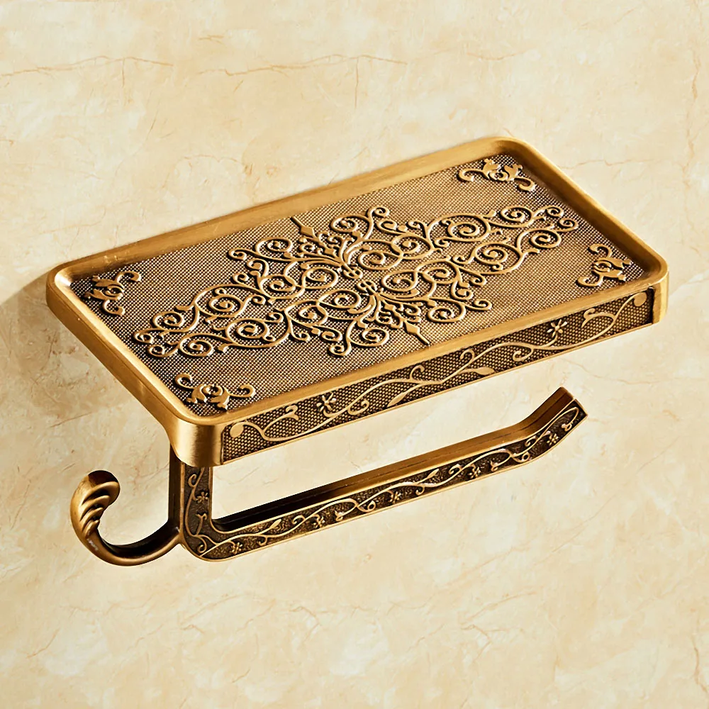 

Antique Carving Toilet Roll Paper Towel Holder with Phone Shelf Bronze Wall Mounted Paper Holder Hook Gold Bathroom Accessories