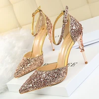 283 5 european and american style fashion sexy hollow nightclub thin metal heel high heeled shiny sequined sandals
