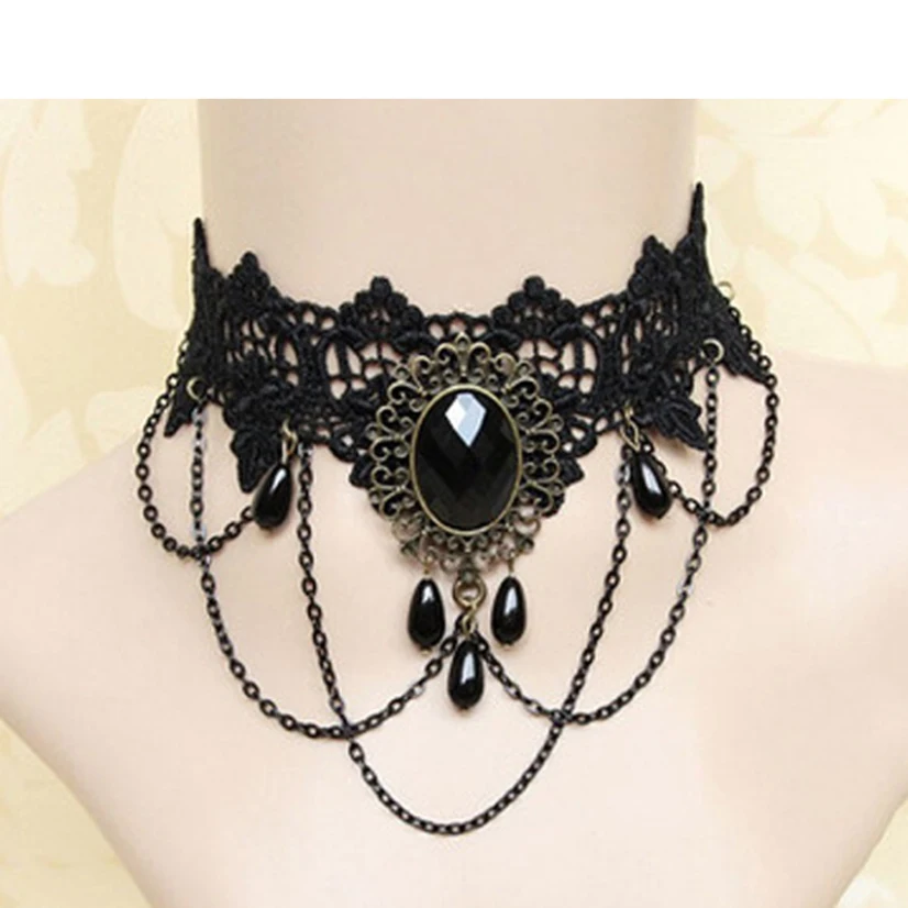 

Gothic Sexy Lace Neck Collar Choker Cool Girl Punk Jewelry Black Crystal Necklace For Women Steampunk Unusual Goods