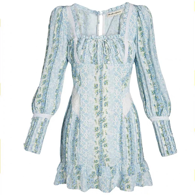 

VGH Print Vintage Dress For Women Square Collar Lantern Long Sleeve High Waist Mini Hit Color Dresses Female Summer Clothing New