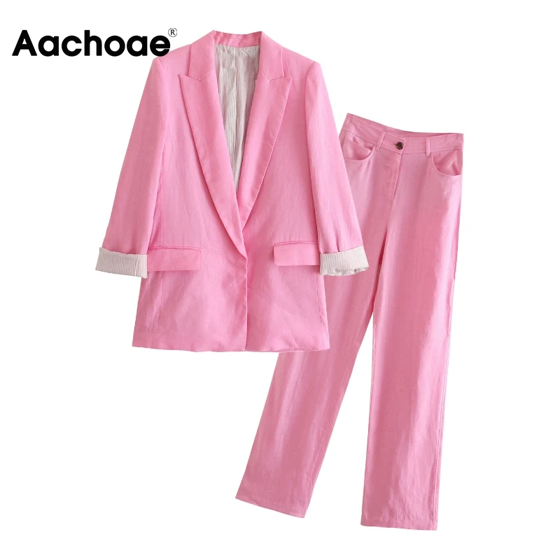 

Комплект из 2 предметов Aachoae Женский, модный однотонный винтажный пиджак с длинным рукавом и английским воротником, брюки с широкими штанина...