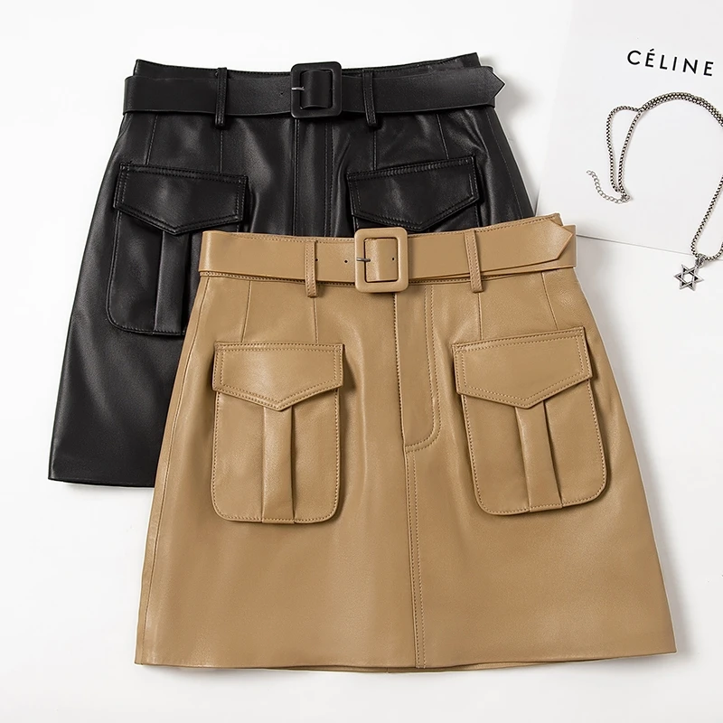 

Genuine leather skirt women mini sexy 2020 new fashion high waist safari style sheepskin leather skirts with belt WY20022