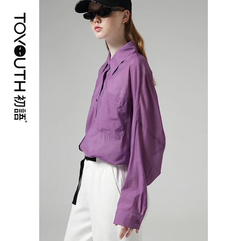 

Женская офисная блузка с рукавом «летучая мышь» Toyouth, осенняя Однотонная рубашка фиолетового цвета с отложным воротником и длинным рукавом,...