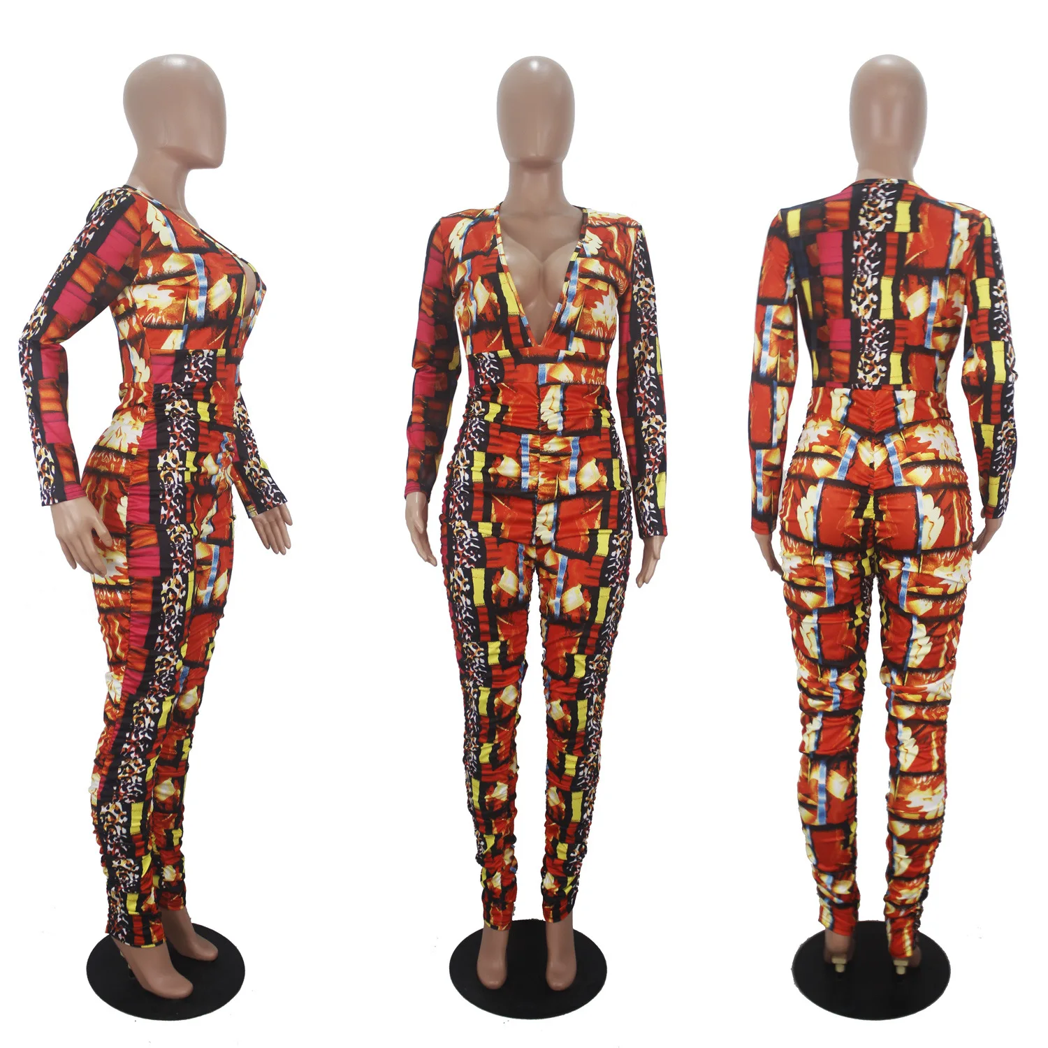 

ANJAMANOR Multi Leopard Print Long Sleeve Bodycon Jumpsuits for Women 2020 Deep V Ruched Stacked Pants Sexy Club Outfits D90CG41