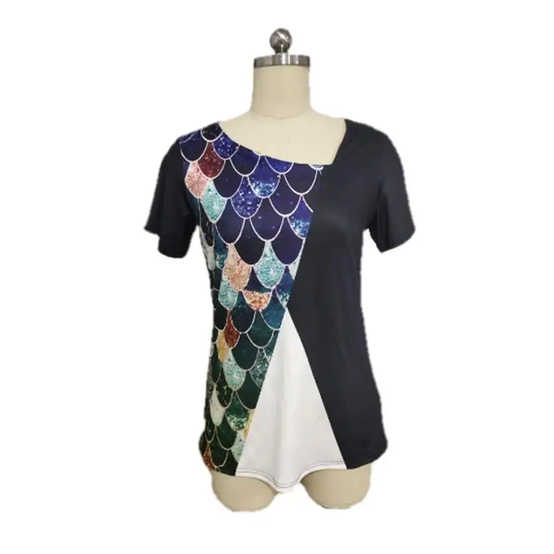 

Summer Geometric Print Patchwork Short Sleeve O-Neck Tops Women Casual Loose Stitching Asymmetrical Tees Shirt Fashion Clothing