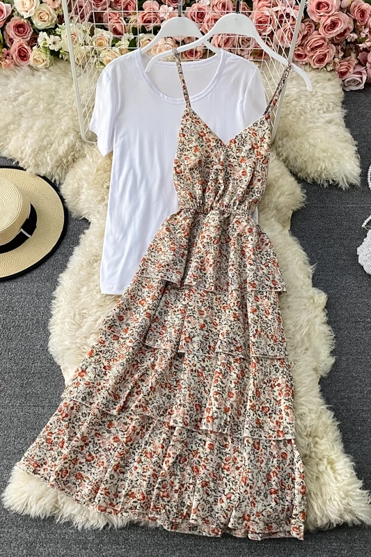 

Fashion Chiffon Printed Dresses Floral Suspender Print Dress Short Sleeve T-shirt Two Piece Suit New Spring Summer Flower Casual