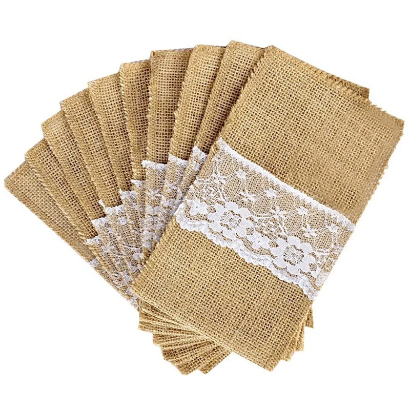 

50Pcs Burlap Lace Cutlery Pouch Rustic Wedding Tableware Knife Fork Holder Bag Hessian Jute Table Decoration Accessories