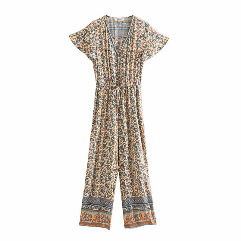 

Floral Printed Jumpsuit Women Summer High Waist Short Sleeve Wide Leg Playsuit 2020 Boho Beach Hippie Clothes Romper Overalls