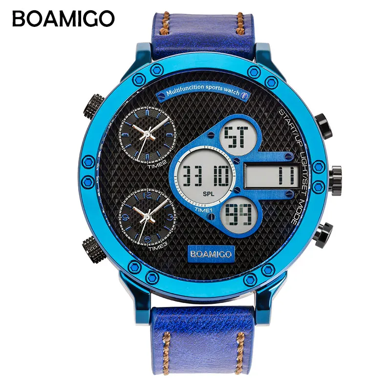 blue BOAMIGO мужские военные часы мужские спортивные часы мужские кварцевые светодиодный цифровой аналоговый 3 Часы мужские коричневые синие наручные часы водонепроницаемые - Цвет: blue