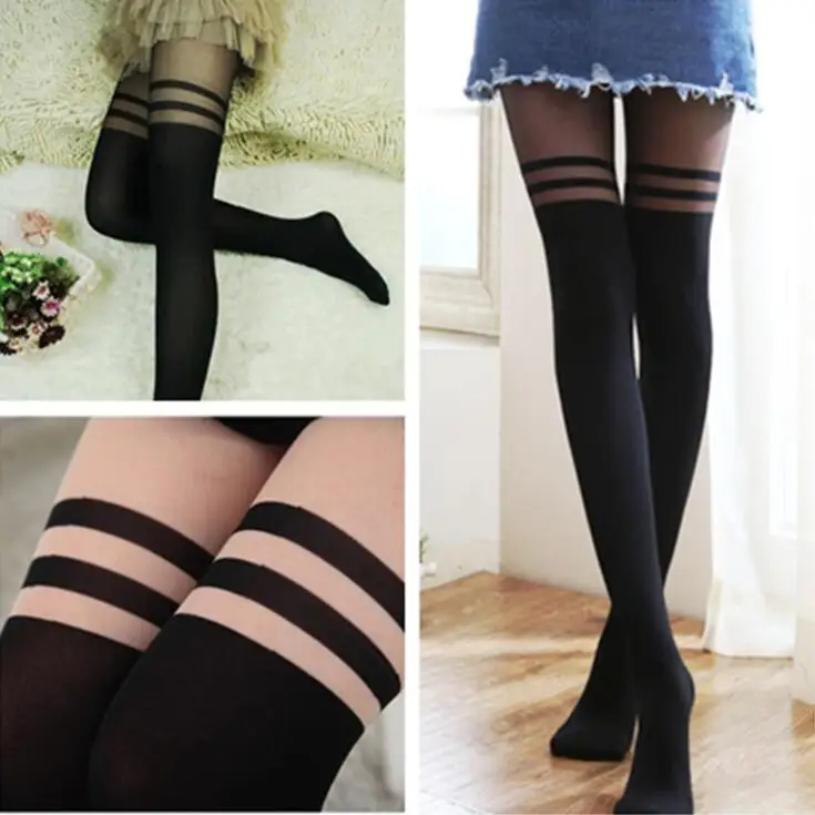 

2021 Fashion Sexy Women student Gothic Tights Girls Ladies Pantyhose Striped Pattern Stockings Black Stockings