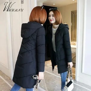 Women's Black Hooded Winter Jacket Casual Thick Warm Mid Length Overcoats Basic Zip Up Snow Wear Par in Pakistan