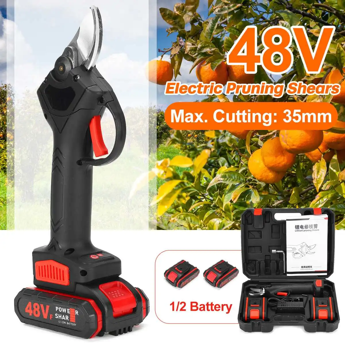 

48V Cordless Pruner Pruning Shear Efficient Fruit Tree Bonsai Pruning Electric Branches Cutter Landscaping 35mm cutting depth