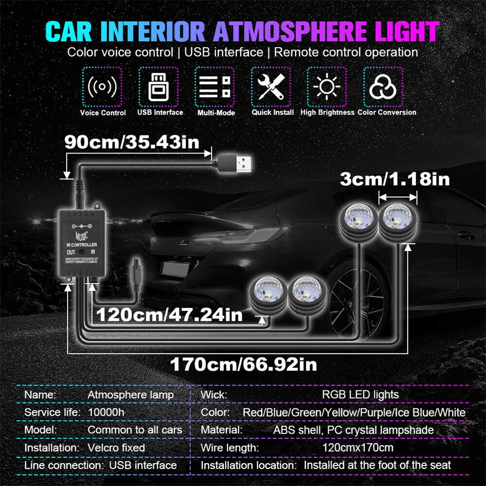 

RGB LED Car Sole Atmosphere Light Full Of Stars USB Remote Control Colorful Atmosphere Light One For Four Remote Control