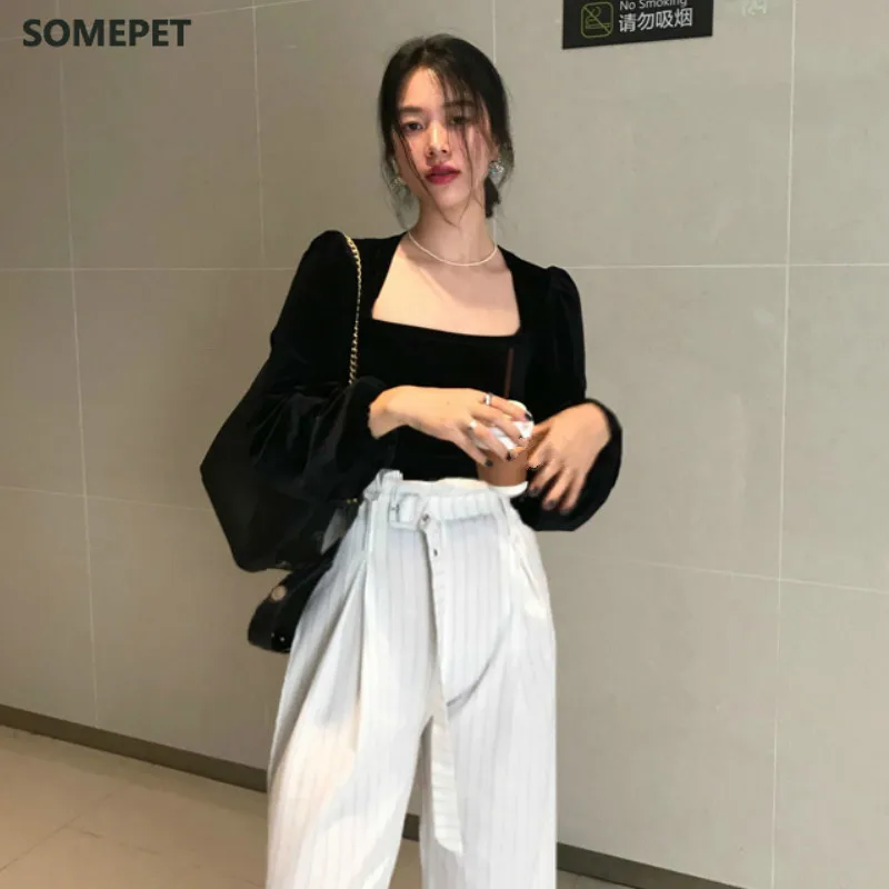 

Retro Gold Velet Square Collar Puff Long Sleeve Short T Shirt Solid Slim Fit Temperament Autumn Spring New Tee