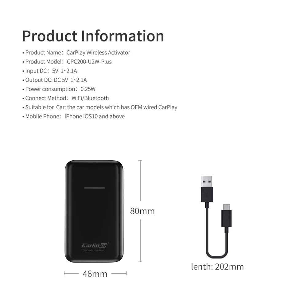 

Carlinkit 2.0 CarPlay Wireless for Volkswagen 2016~2020 Carplay2Air Adapter Activator USB Dongle for IPhone Black Original Car