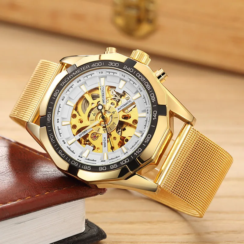 Часы скелетоны Orkina Мужские механические брендовые роскошные золотистые