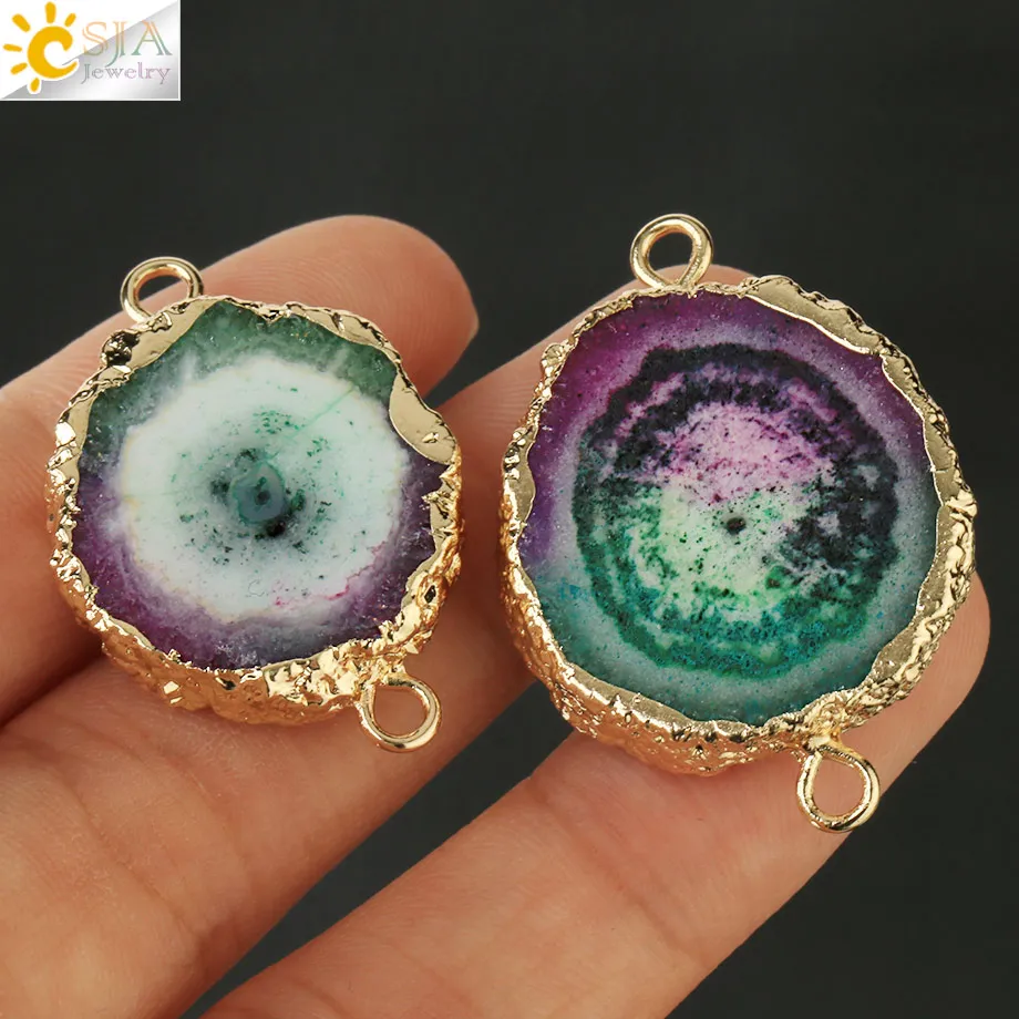 Разноцветный коннектор из натуральных кристаллов CSJA золотистый ободок плоские