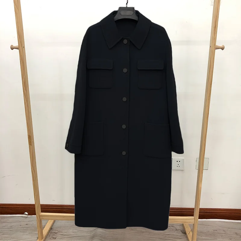 

2020 Winter Korean Long Pure Color Loose Plus Size Pockets Double Sided 100% Wool Coat Women Simple And Loose Woolen Overcoat