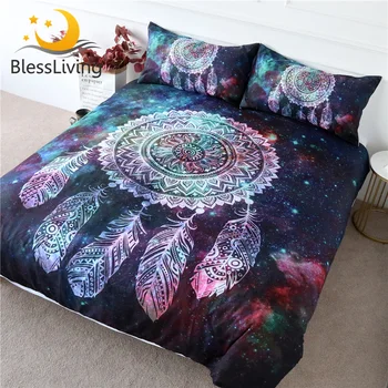 BlessLiving Dreamcatcher Bedding Set Galaxy Quilt Cover Bohemian Mandala Bedclothes 3-Piece Green Red Nebula Soft Home Textiles 1