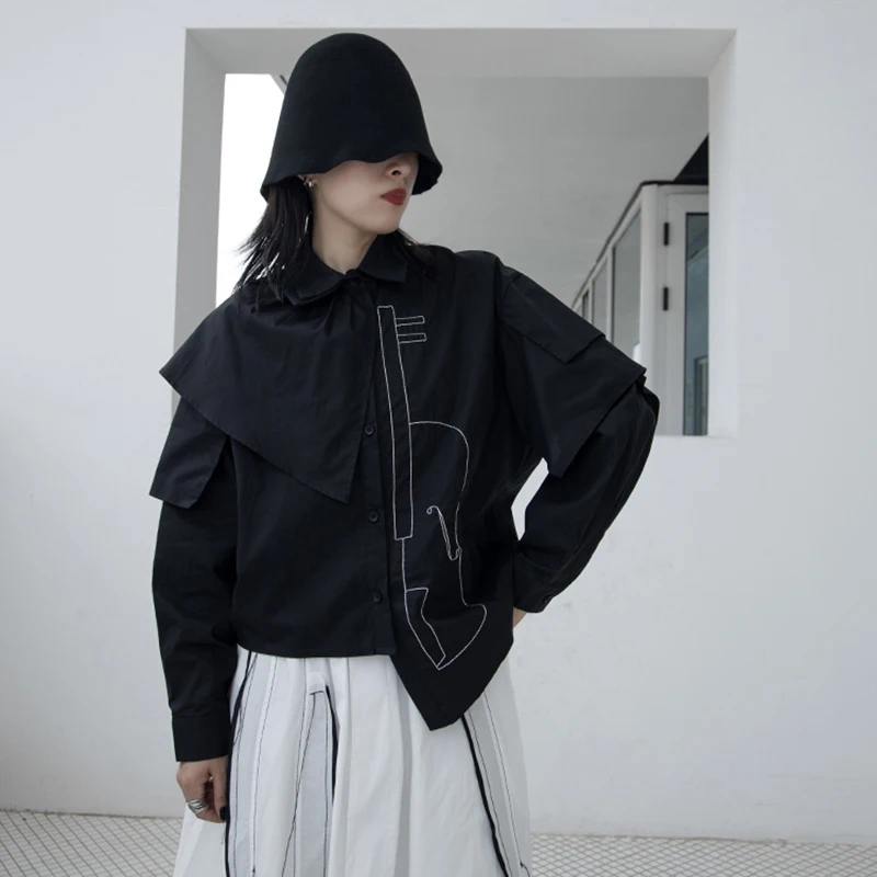 

[EAM] Women Black Irregular Embroidery Big Size Blouse New Lapel Long Sleeve Loose Fit Shirt Fashion Spring Autumn 2021 1DA772
