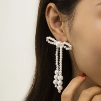 korean elegant white imitation pearls bowknot drop earrings for women girls fashion long pearl pendientes wedding party jewelry