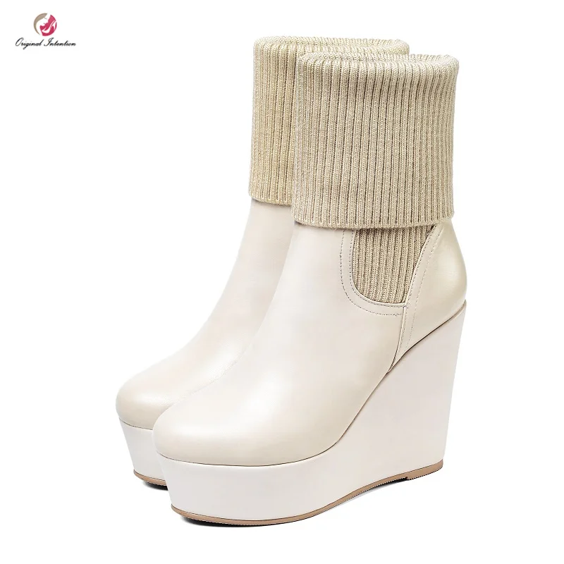 

Original Intention High Quality Real Leather Wedges Ankle Boots Woman Winter Shoes Round Toe High Platform Black White Casual