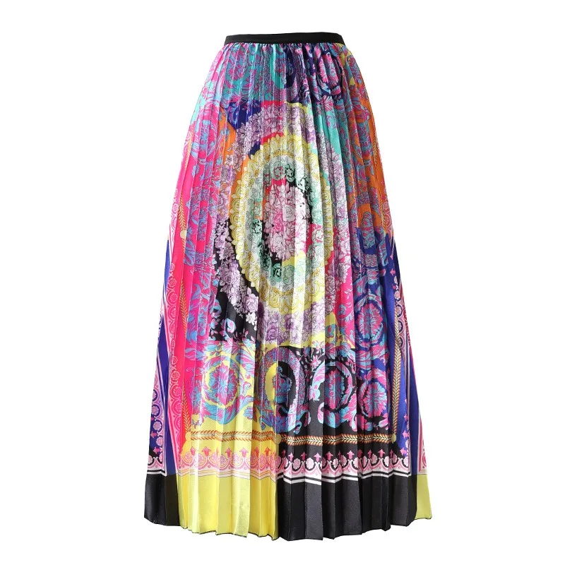 

High Waist A-line Korea Party Midi Skirt Pink Floral Print Skirt pattern skirt bohemian skirt vintage skirt pleated midi skirt