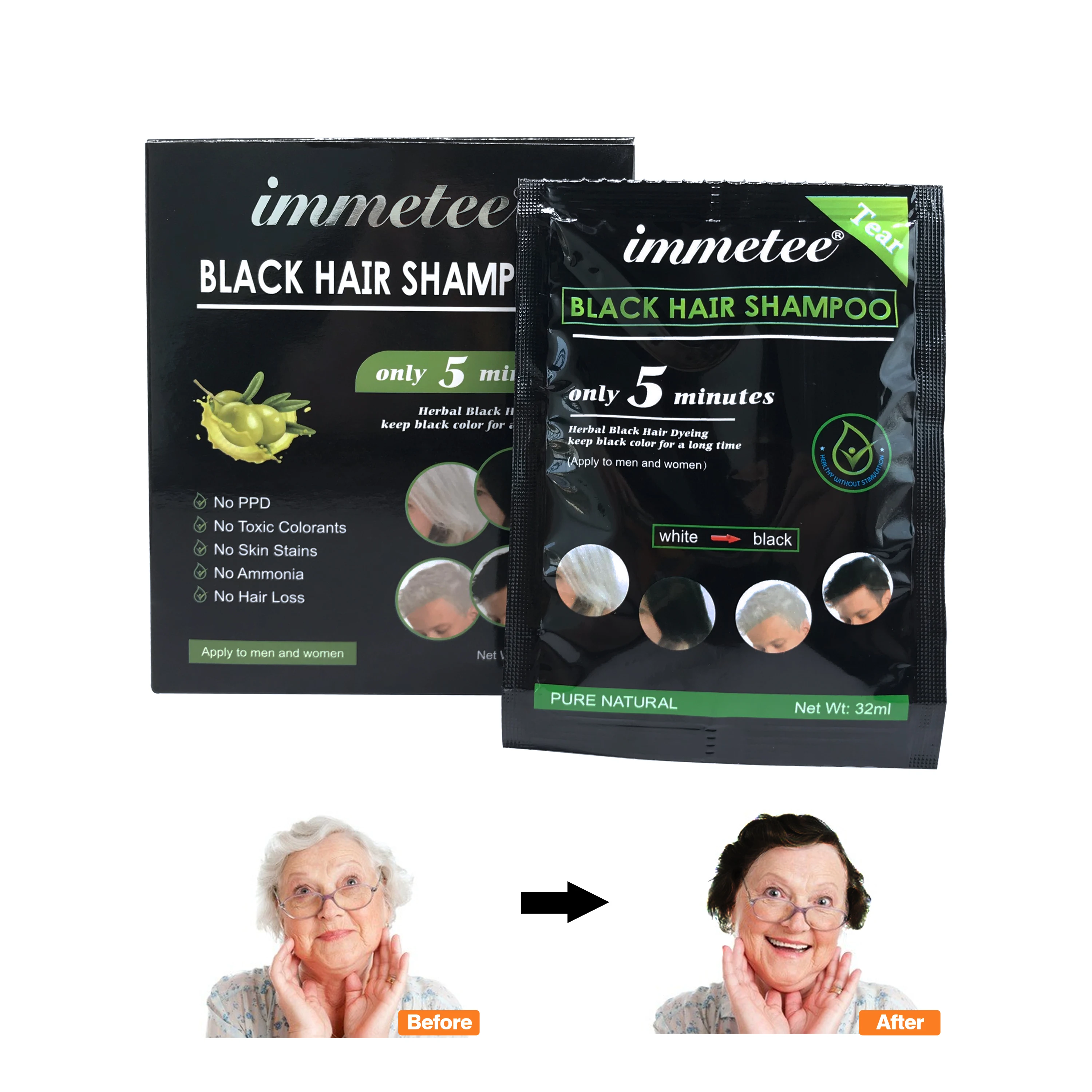 

IMMETEE 10pcs Organic Natural Fast Hair Dye Only 5 Minutes Black Hair Color Shampoo 32ml