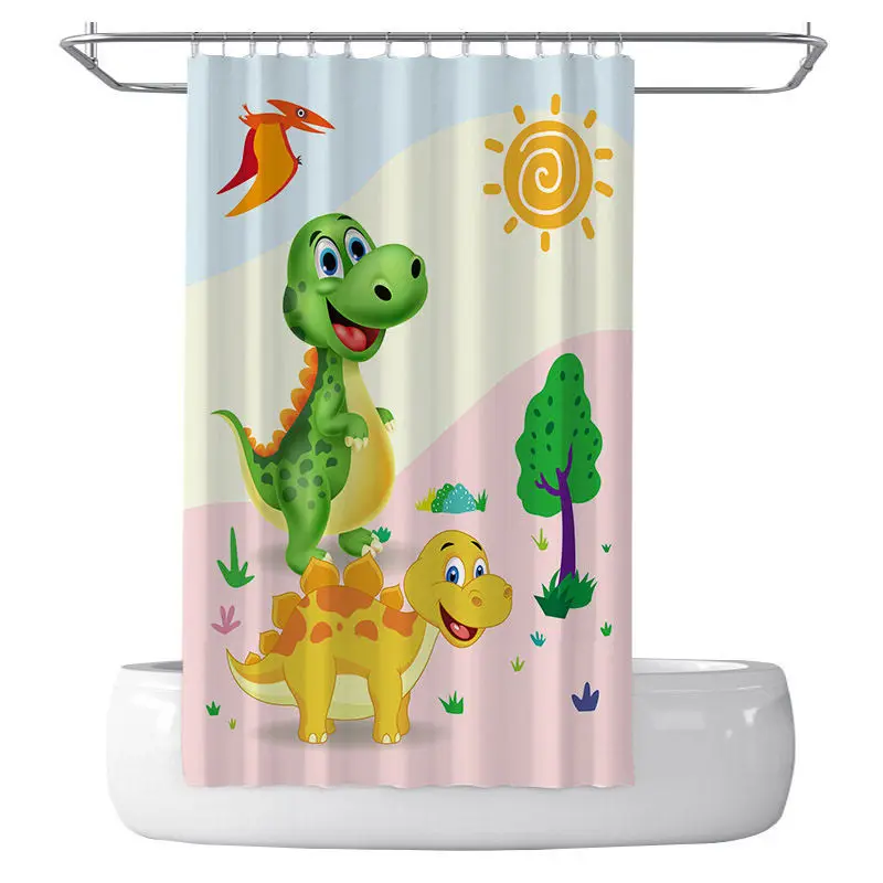 

JELIS Cartoon Bath Curtain Cute Dinosaur Pattern Shower Curtains Bathroom Waterproof Thickened Polyester Cloth with 12 Pcs Hooks