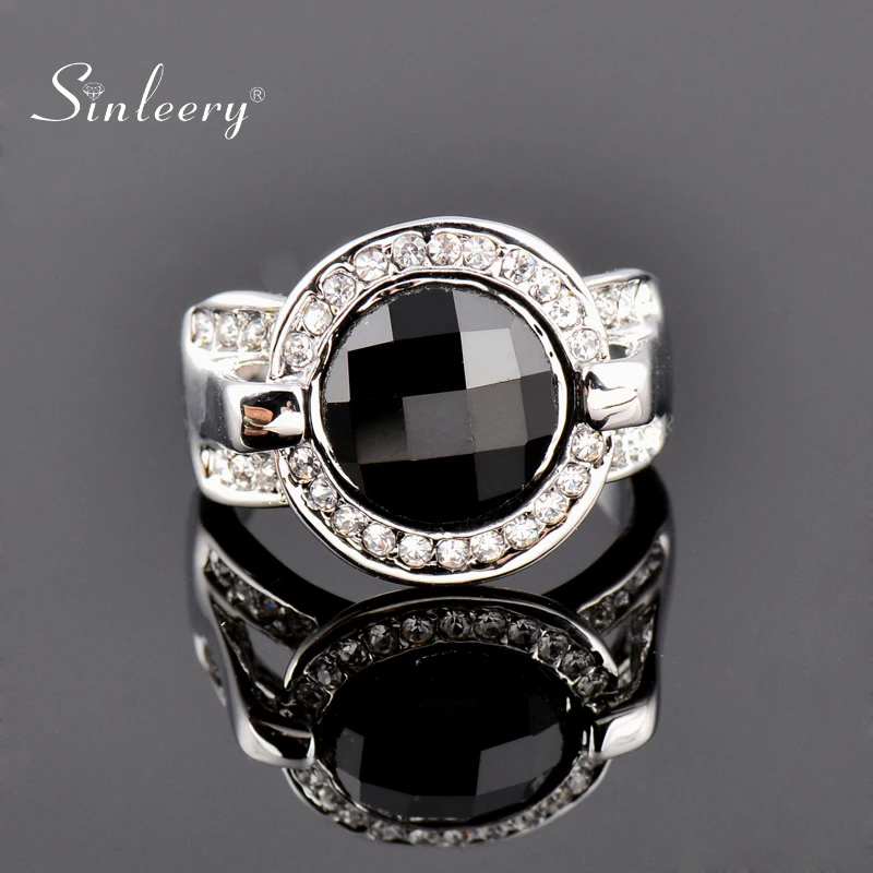 SINLEERY винтажные круглые черные акриловые кольца для женщин серебряного цвета