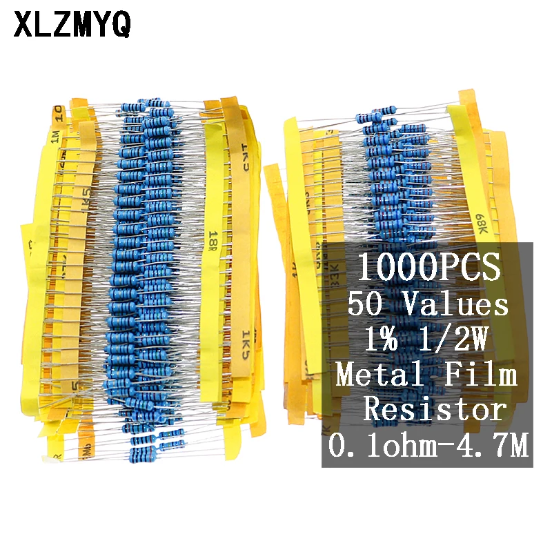 

1000Pcs 1% 1/2W Metal Film Resistor 50 Values Assorted Kit 0.1 ohm-4.7M ohm Resistors 20R 220R 2K 47K 220K 620K 820K 2.2M 3.3M