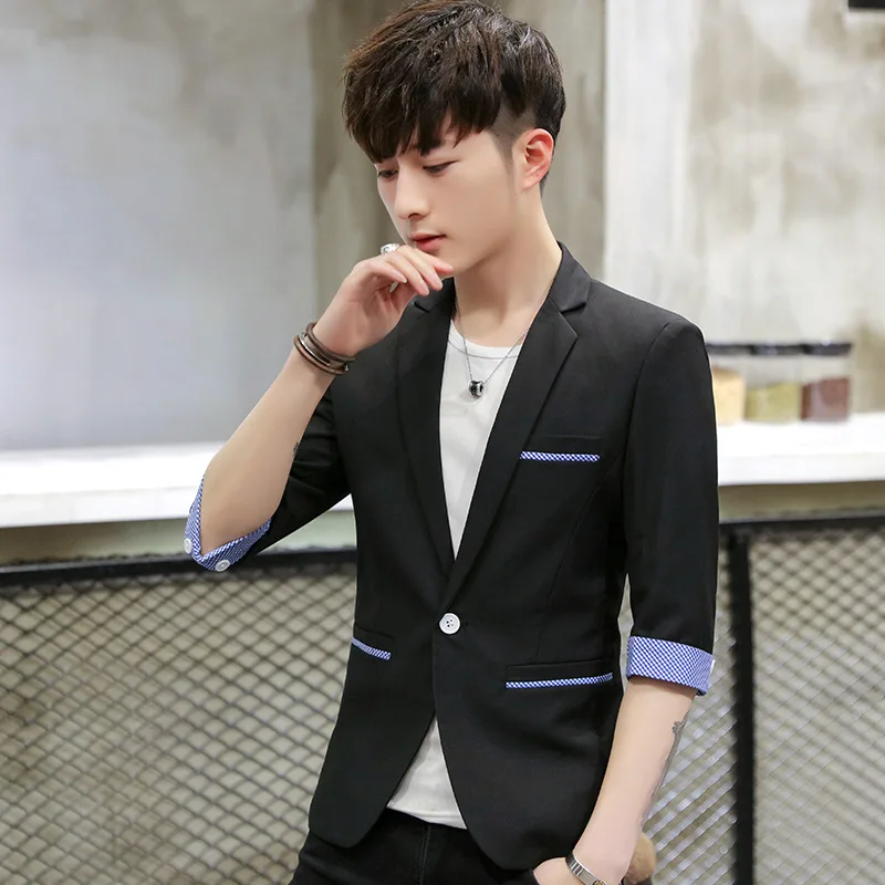 

2021 Men's Summer British 3/4 Sleeve Suit Teen Trend Slim Mid-Sleeve blazer