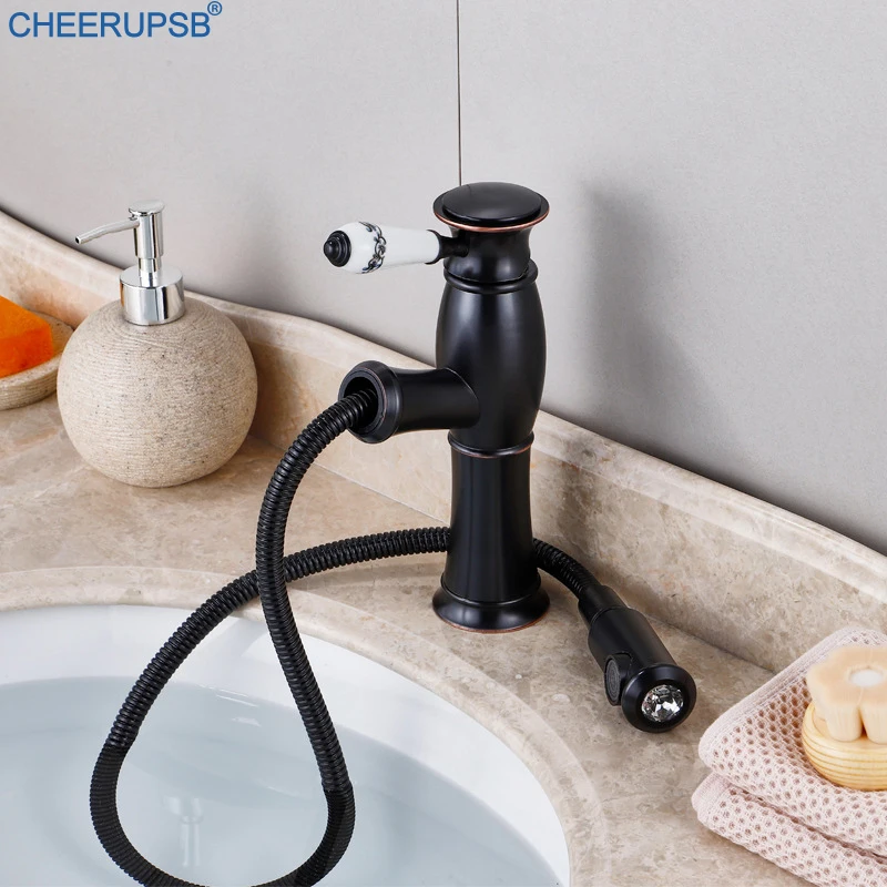 Torneiras Banheiro Pull Out Antique Basin Faucet Bathroom Sink Mixer Brass Tap Hot Cold Water Stream Deck Mounted Rose Gold Taps |