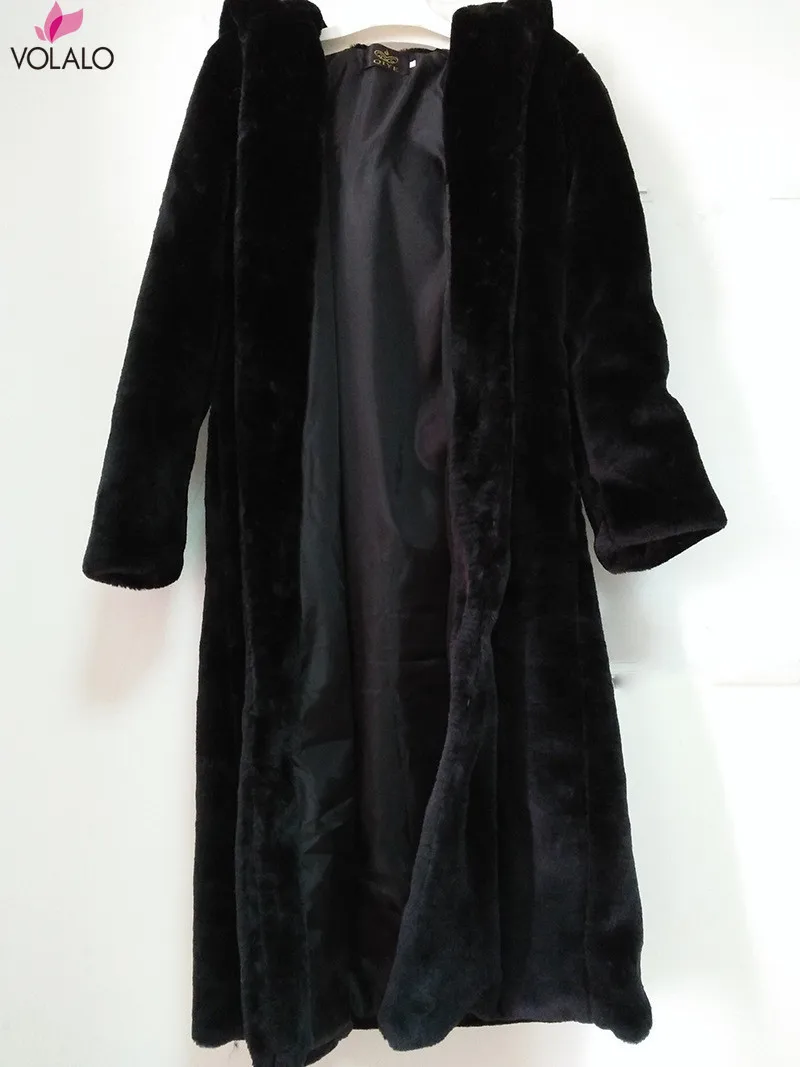 Черное пальто с капюшоном из искусственного меха зимняя женская длинная куртка