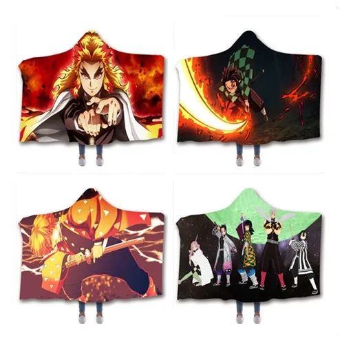 

Anime Demon Slayer Print Plush Hooded Blanket Warm Blankets For Bed Watching Blanket Wearable Double layer Fleece Throw Blankets