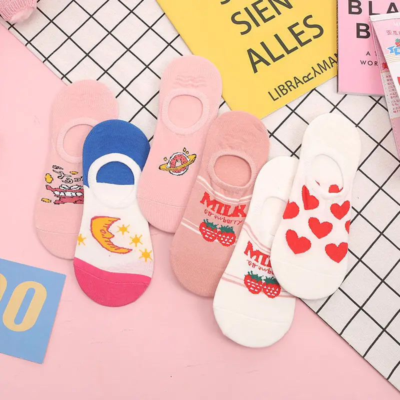 Sfree 6Pairs Purple Moon Socks Female Summer Thin Invisible Socks Korean Girl Cute Japanese Cartoon Sex Heart Socks