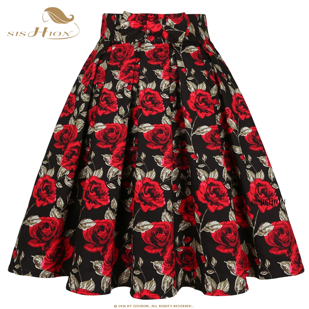 

2021 Valentine's Day Festival Rose Floral Print Black Skirt SS0012 High Waist Vintage Cotton Midi Pleated Skirt Jupe