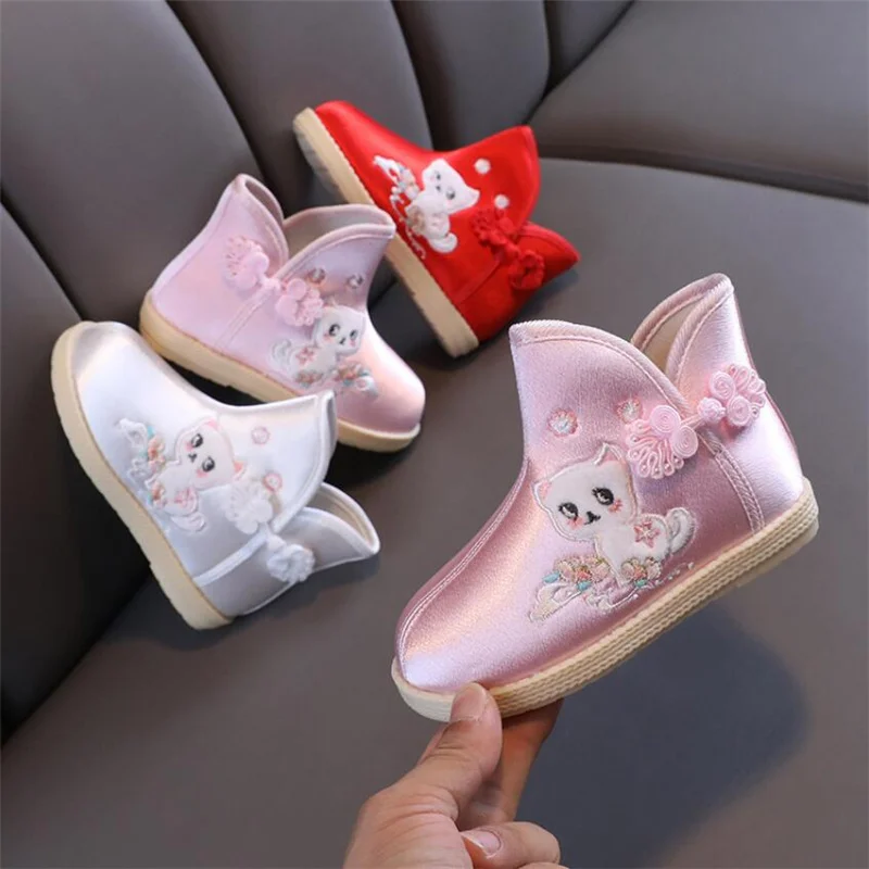 Children Hanfu Boots Old Beijing Cloth Shoes Chinese Tradiitional Embroidery Vintage Cotton Short Baby Soft Botas |