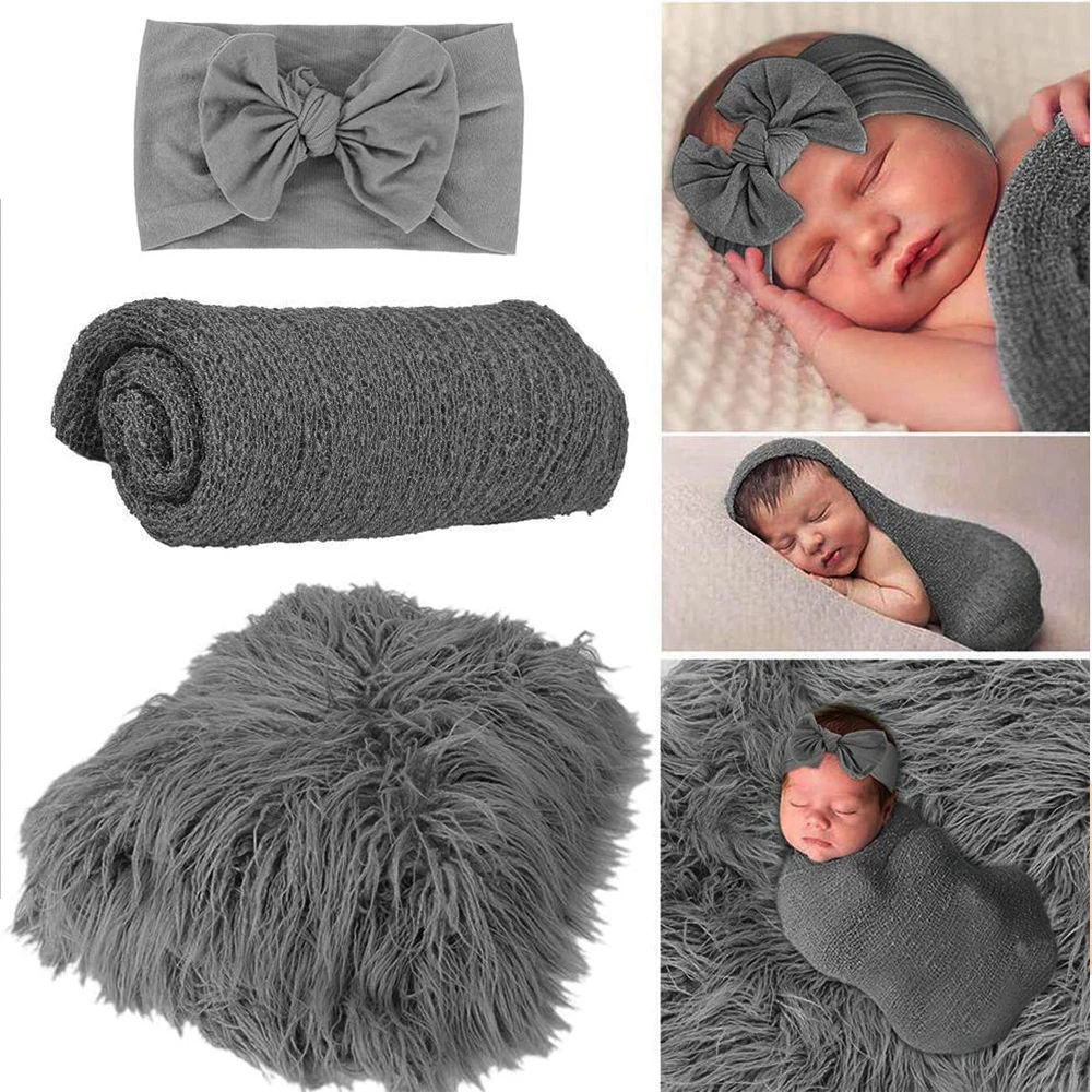 Accesorios de fotograf&iacute;a reci&eacute;n nacido, alfombrilla para fotograf&iacute;a de beb&eacute;, 3 uds., incluye alfombra, manta cinta para cabeza, recuerdo de beb&eacute; para sesi&oacute;n de fotos Ins-2