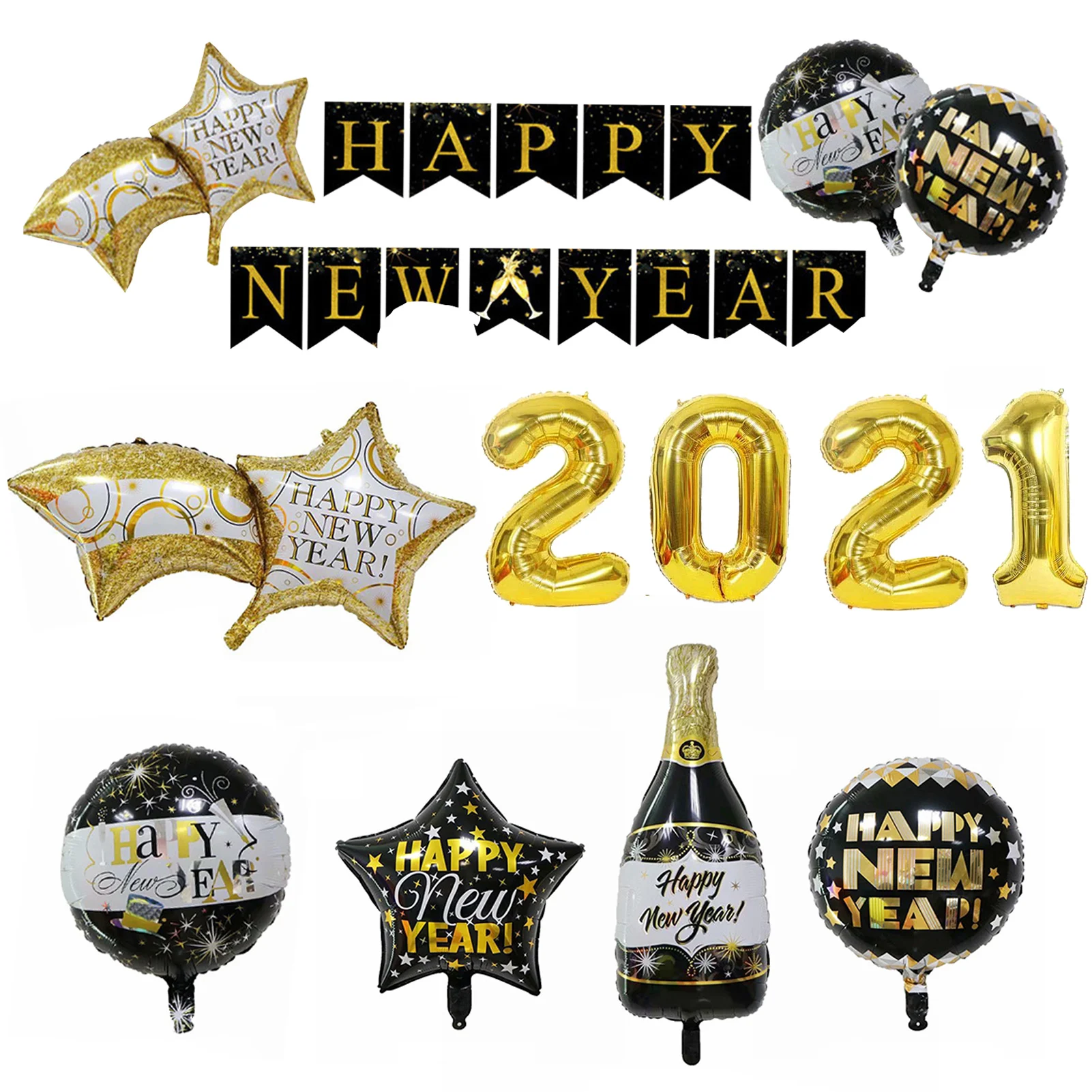 

2021 New Year Balloon Set Golden Aluminum Foil Latex Balloon Banner Tassel Wine Bottle Set Celebration Party New Year Decor 29pc