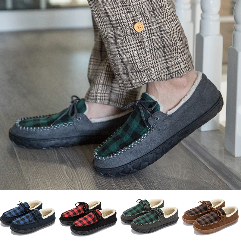 

Mens Slippers Memory Foam Casual Boat Shoes for Men Winter Indoor Outdoor Moccasin Slip-On Flat Slipper Male Luxury Plaid Design