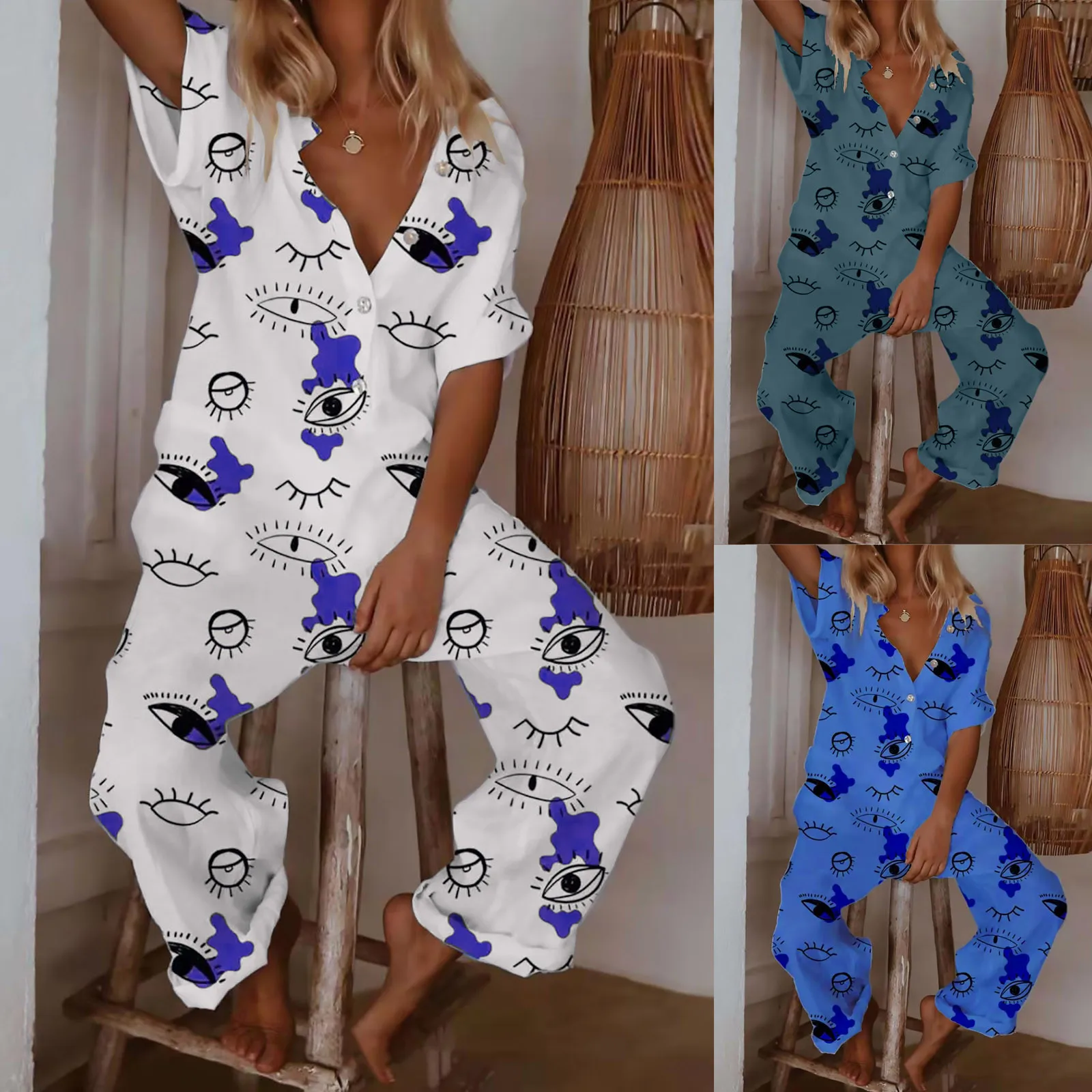 

Женский Повседневный комбинезон на пуговицах с абстрактным принтом и коротким рукавом