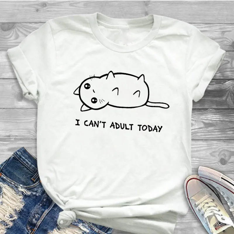 Женская футболка I Can't Adult Today, футболка с принтом кота, женская футболка с коротким рукавом, женские топы, одежда, графическая футболка