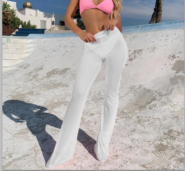 

020 New Arrivals Women Clothes High Waist Pants Trousers See Through Flared Mesh Summer Beach Long Pants