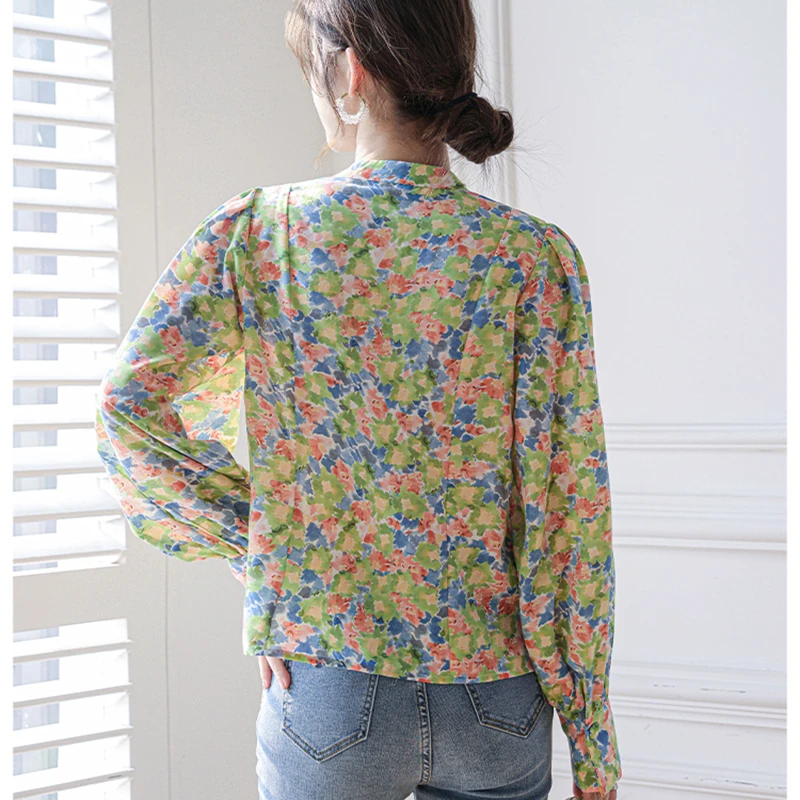 

Double Layed Collar Beading Shirts Women Plus Size Single Breasted Long Sleeve Printed Floral Blouse Plus Size 2XL Tops