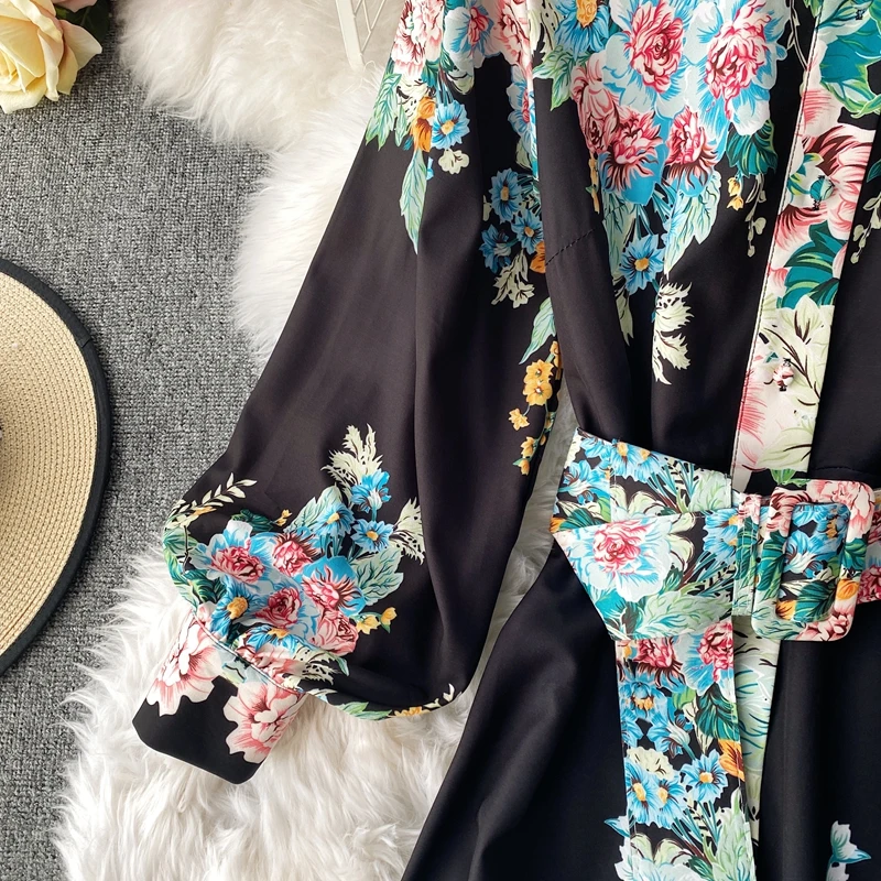 

Bohemian Floral Print Long Dress For Women High Quality Luxury Black Boho Dresses With Sashes Fashion Vestidos New Autumn Winter
