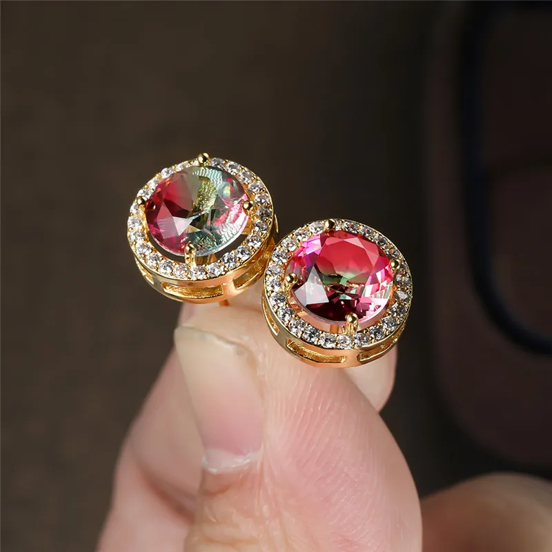 

Luxury Female Rainbow Crystal Stone Jewelry Black Gold Silver Color Wedding Earrings Charm Round Zircon Stud Earrings For Women