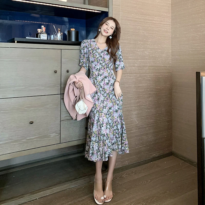 Новое летнее платье с цветочным принтом женское шифоновое v-образным вырезом и